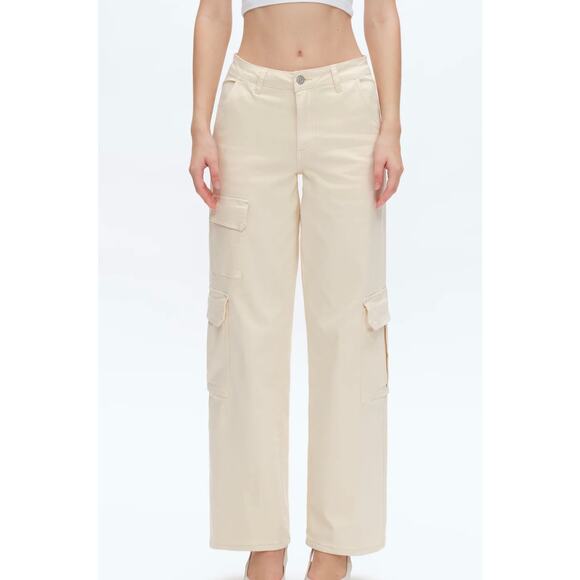 Bayeas High Rise Wide Leg Beige Cargo Jeans Size 26 NWT Stretchy Utility - Picture 1 of 14